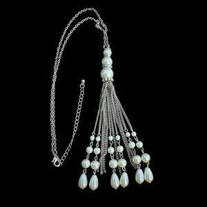 Multi Strand Faux Pearl And Chain Silver Tone Dangle Necklace 14”